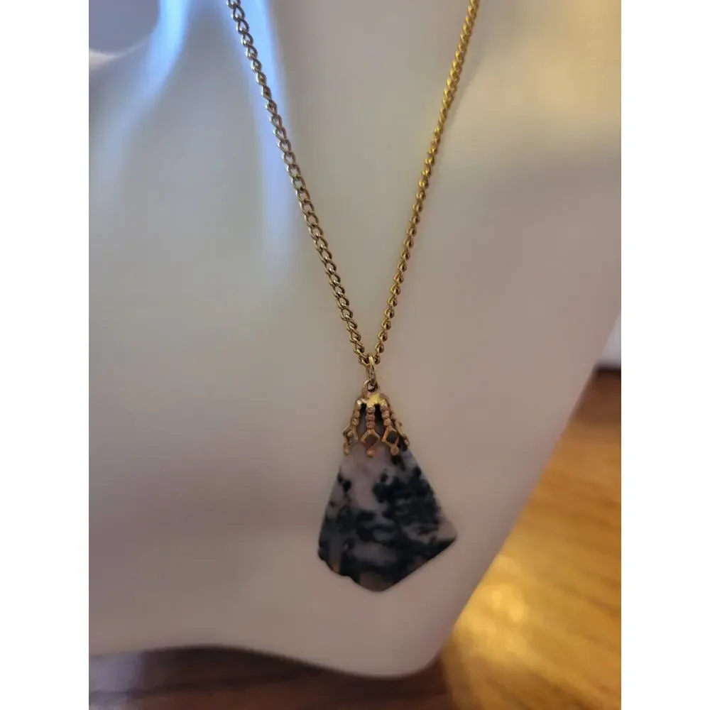 Vtg Estate Black Blue‎ Gemstone Agate Gold Tone Chain Jewelry Necklace Handmade